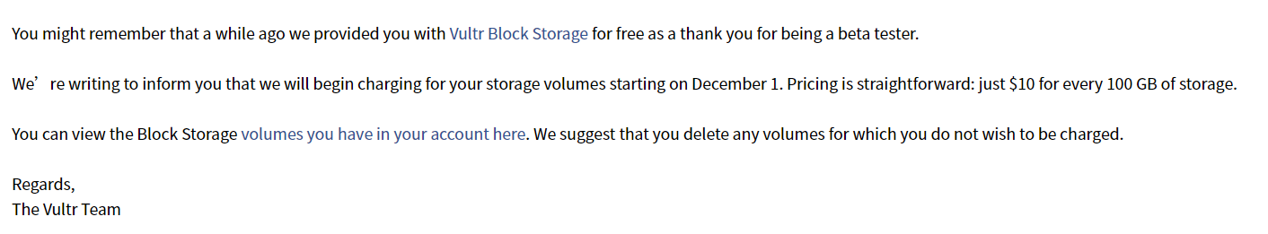 Vultr 即将对块存储收费，以前免费送的记得删除